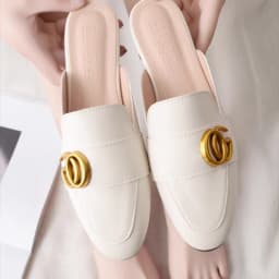 Lady Gold Metal Slides Round Toe Microfiber Soft Bottom For Tender Feet Wide Fits Beige Pink Fashionable Shoes For Summer 44-33