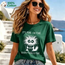 Women's It's Fine I'm Fine Everything Is Fine Cat Print T-Shirt 100% Cotton Funny Casual Short Sleeve Tee