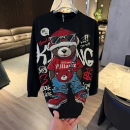 Handsome Bear Hot Diamonds Round Neck Pullover Top Autumn Winter Long Sleeve Sweatshirt All-match Male Cotton Hoodie T-shirt