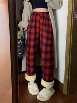 Afashion Lamb Velvet Fleece Lined Thick Plaid Casual Pants Women's Autumn Winter Loose Straight Leg Wide Leg Cotton Sleepwear Tr