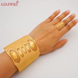 France Luxury Chain Cuff Bangle & Ring For Women Dubai Gold Color Indian Moroccan Big Bracelet Jewelry Arabic African Wedding