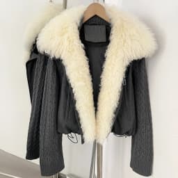 OFTBUY 90 White Duck Down Jacket Knit Sleeve Zipper Pockets Drawstring Short Coat Women Winter Real Curly Lamb Wool Fur Collar