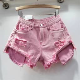 2026 Summer New Light Color Perforated Design Denim Shorts Women's Wide Legs Slim Fashion Ragged Edge A-line Ropa Mujer