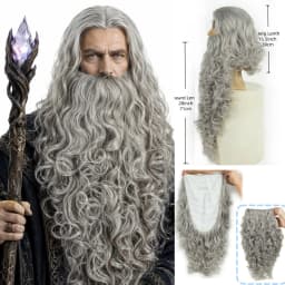 REEWES Wig Beard Set Grey Long Curl Yaki Synthetic Hair Old Man Costume Wig Anime Cosplay Halloween Party Proofs
