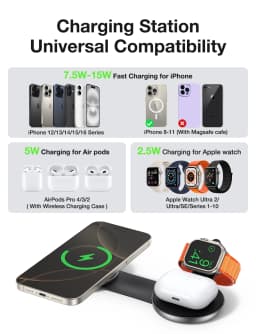 AUFU 3 in 1 Wireless Charging Station Fast Magnetic Foldable Travel Charger Station for iPhone 16 15 14 Pro Apple Watch Airpods