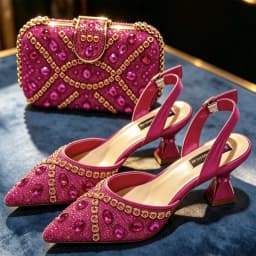 Elegant Wine Color Rhinestone & Pearl Slingback Heels with Matching Top Handle Handbag Set for Women - Formal Wedding & Prom