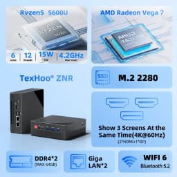 TexHoo Mini PC Ryzen 5 5600U 6C/12T Triple Display 16G 256G DP+2xHDMI Dual LAN WiFi6 BT5.2 2xDDR4 Mini Desktop Computer 
