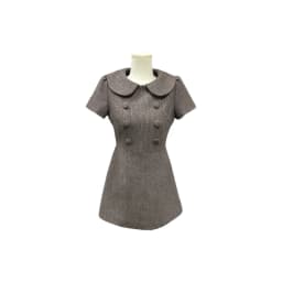 Spring New Style Korean Pure Color Waist-Cinched A-Line Dress Double-Breasted Doll Collar Plaid Woolen Dress for Women