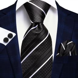 Hi-Tie Navy Blue Striped Silk Wedding Tie For Men Fashion Design Gift Men Necktie Hanky Cufflink Set Business Party Dropshiping