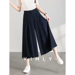 VIMLY Women's Wide Leg Cropped Pants 2026 Summer New Minimalist Commute Ruched Waist Design Loose Fit Casual Culottes A6206