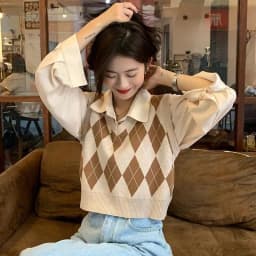Lucyever Retro Argyle Pattern Women Vest Sweater Harajuku Preppy Style Sleeveless Sweaters Girl Autumn V-Neck Knitted Crop Tops
