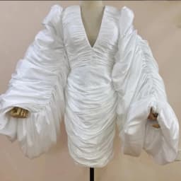Elegant White Ruched Mini Evening Gown Deep V Oversized Puffy Sleeve Back Hollow Short Bridal Dress Civil Wedding Photo Outfit