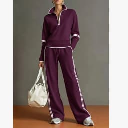 Women Quarter Zip Sweatshirt Wide Leg Pants Set Striped Trim Casual Loungewear 2 Piece Outfit for Everyday Wear and Relaxed Days