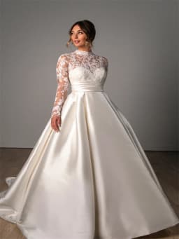 Customized High Neckline Long Sleeves A-Line Satin Wedding Dress Elegant Button Back Floor Length Sweep Train Gown For Bride