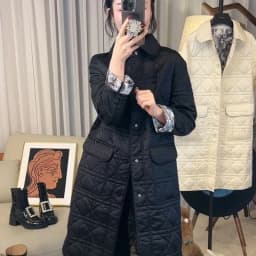 Trendy Korean Style Black Cotton Jacket Quilted Midi Coat Small Fragrance Style Diamond Pattern Commute Long Sleeve Collar