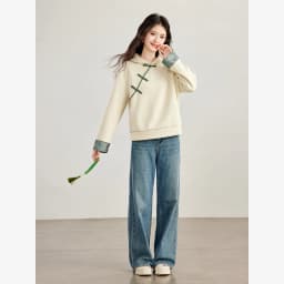 VIMLY New Chinese Style Hooded Sweatshirt Fall Winter Color Contrast Frog Button Fleece Lined Thickened Pullover Ladies A7683