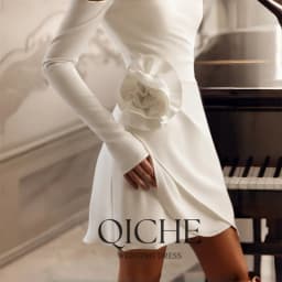 QICHE Modern Short Sheath Wedding Dresses Flower Off The Shoulder Long Sleeves Pleat Above-Knee Vestidos De Noiva Customized