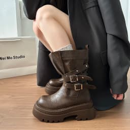 Lined Warm Women Platform Mid Calf Boots Multi Buckle Strap Faux Leather Shoes Casual Autumn Thick Sole Motorcycle Boots