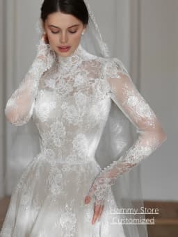 Wedding Dress Customized High Neck Long Sleeves Beading Sequined Lace Applique Court Train A Line Woman Bride Bridal Gown
