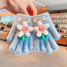 Kids Lace Bow Plush Full Finger Gloves For Girls Cute Flower Bud Decor Girls Winter Warm Windproof Faux Mink Fur Kawaii Gloves
