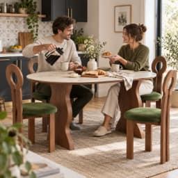 French Mid Century Oval Travertine Stone Dining Table, Solid Wood Base Small Household Dining Table Set for Living Room
