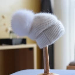 Winter Women's Real Fox Fur Pom-Pom Knitted Beanie Cap with Rabbit Fur Trim and Cashmere Touch