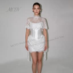 Satin Mini Wedding Dresses Bride Straight High Neck Lace Appliques Vestido De Novia Cap Sleeve Short Bride Gowns Customized