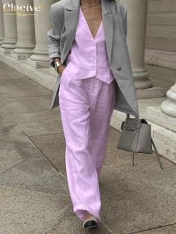 Clacive Summer White Linen Two Piece Set For Women 2023 Fashion Sleeveless Tank Top New In Matching High Waist Wide Pants Set