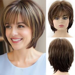 Brown Short for White Women Layered Pixie Cut with Blonde Highlights Natural Looking Synthetic Hair Wit