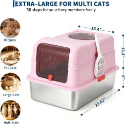 Dog-Proof Fully Enclosed Stainless Steel Litter Box with Lid | Enclosed, High Sided, Front Entry & Top Exit, Leak Proof Design, Scoop Included, Great for Large & Multi-Cat Homes - Pink