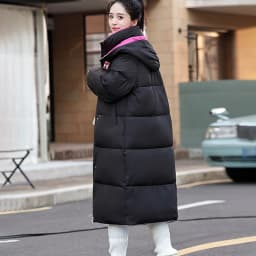 Long Hooded Puffer Coat Women Contrast Collar Warm Quilted Parka Zip‑Up Loose Windproof Winter Outerwear Ladies Padded Jacket