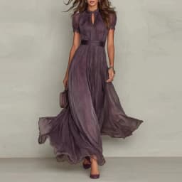 Elegant Chiffon Lace Trim Midi Dress Stand Collar Neck Puff Sleeve Cinched Waist Draped A Line Flowy Women's Casual Dresses