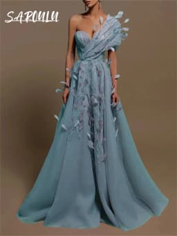 A Line Tulle Evening Dress One Shoulder With 3D Appliques Sequined Women Prom Dresses Wedding Party Gown Birthday New Year Robe
