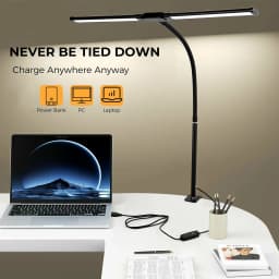 Double Head Scissor Arm LED Desk Lamp with Clamp Dimmable 3 Color Modes 10 Brightness Eye-Caring Architect Light, USB Adjustable Monitor Lamp for Office Study Gaming Reading Workbench