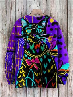 Abstract Art Cat Multicolor Print Casual Pullover Knit Sweater Women For Men Sweater