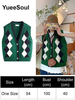 Green Knit Vest Printed Sleeveless Pullover Oversized Women Sweater Vest 2026 New Y2K Vintage Knitwear Women's Autumn Clothing