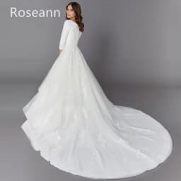 Customized Muslim Exquisite A-line Wedding Dresses V-Neck Applique Brush Train Tulle Satin Full Brideing Gown robe de mariée