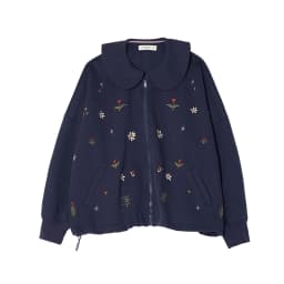 Women's Navy Blue Floral - Embroidered Collared Sweatshirt Outdoor Outings Sweet and Eye - Catching 255223
