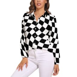 Black Checkerboard Blouse Classic Black and White Checker Office Print Blouses Women Autumn Oversize Long Sleeve Casual Shirts
