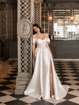 Customized Modern Off Shoulder Neckline Satin A-Line Wedding Dress Elegant Lace-up Back Floor Length High Slit Gown For Bride