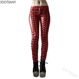 2024 Steampunk Rivet Lace-up Pencil Pants Skinny Trousers Women Retro Pu Pants Leather Pants Streetwear Autumn Casual Trousers