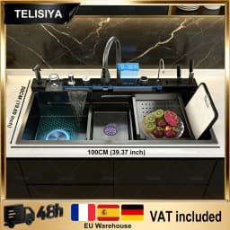 Modern Stainless Steel Kitchen Sink Multifunctional Sinks Waterfall Golden Large Single Slot Digital Display Washing Basin