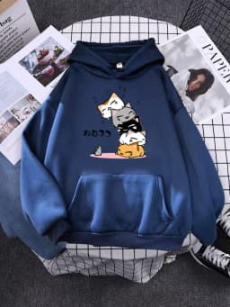 Cute Stacked Cats Sleeping Don'T See The Mouse Women Hoodies Fashion Loose Pullover Casual Fleece Hoody Trend Soft Female Sweat