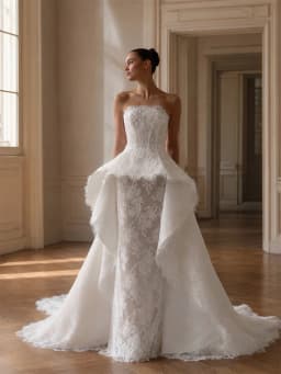 Tokyo Custom Strapless Lace Wedding Dress Ruffled Overlay Mermaid Bridal Gown Sweep Train Formal Evening Wedding Attire