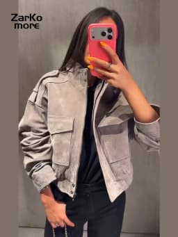 Women's Suede Bomber Jacket Loose Stand Collar Zipper Long Sleeve Elastic Hem Solid Cropped Jackets 2026 Autumn Lady Street Coat