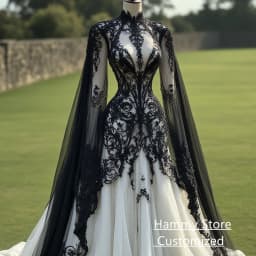 Gothic Wedding Dress Black Lace Applique Customized High Neck Long Batwing Sleeves Sweep Train Bridal Gown Vestido De Noiva
