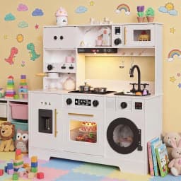 8-in-1 Wooden Play Kitchen Set For Kids gift With Lights Sounds,  Ice Maker, Coffee Machine, Washer, 11 Accessories & Storage, Ages 3+