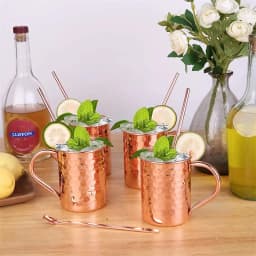 Retro Pure Copper 2 Cups, 2 Straws Set 400ml Solid Moscow Mule 100% Copper Cocktail Glass Beer Milk Mug Tea Tumbler Drinkware