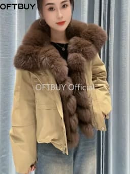 OFTBUY Goose Down Jacket with Natural Fur for Female Warm Casual Winter Puffer Coat with Fur Collar Zipper Women's Down Parkas