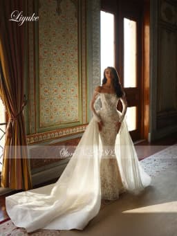 Liyuke Alluring Lace Boat Neck 2 In 1 Mermaid Wedding Dresses Shiny Beading Pearls Romantic Removable Train Bridal Gowns